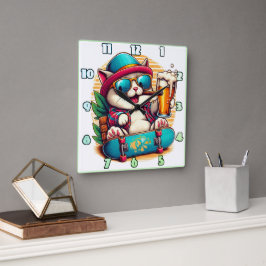 Kat met zonnebril viert feest op skateboard vierkante klok