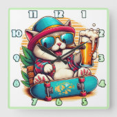 Kat met zonnebril viert feest op skateboard vierkante klok (Voorkant)