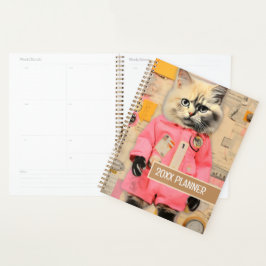 Kat met zwarte poten en roze outfit collage planner