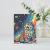 Kat Miauw in de ruimte Met Regenboog Briefkaart (Staand voorkant)