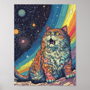 Kat Miauw in de ruimte Met Regenboog Poster
