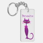 Kat midden eeuw schattig girly paarse roze sleutelhanger (Voorkant Links)
