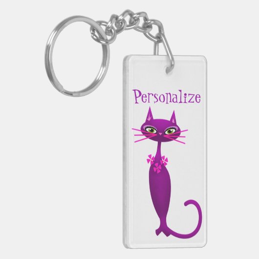 Kat midden eeuw schattig girly paarse roze sleutelhanger (Voorkant Links)