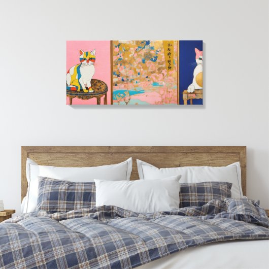Kat Moderne Kleurrijke Verpakte Kunst Canvas Print (Insitu (Slaapkamer))