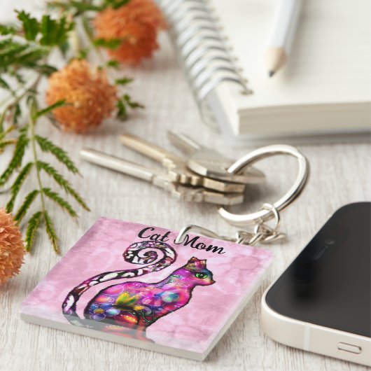 Kat Moeder Abstract Whimsical Kat Kat Kunst Sleutelhanger (Voorkant Rechts)