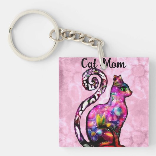 Kat Moeder Abstract Whimsical Kat Kat Kunst Sleutelhanger (Voorkant)
