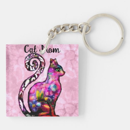 Kat Moeder Abstract Whimsical Kat Kat Kunst Sleutelhanger (Achterkant)
