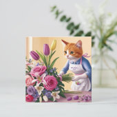Kat Moeder arrangeert Bloemen Moederdag Feestdagenkaart (Staand voorkant)
