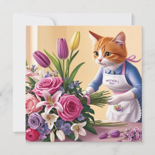 Kat Moeder arrangeert Bloemen Moederdag Feestdagenkaart (Voorkant)