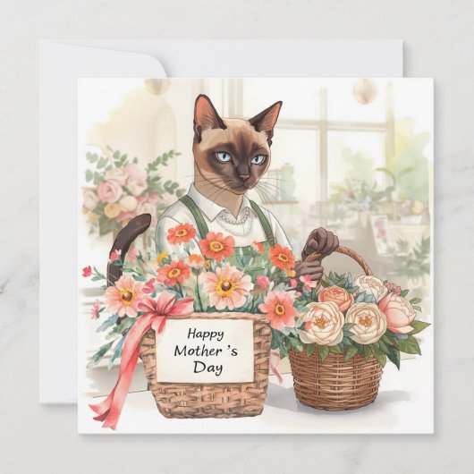 Kat Moeder arrangeert Bloemen Moederdag Feestdagenkaart (Voorkant)