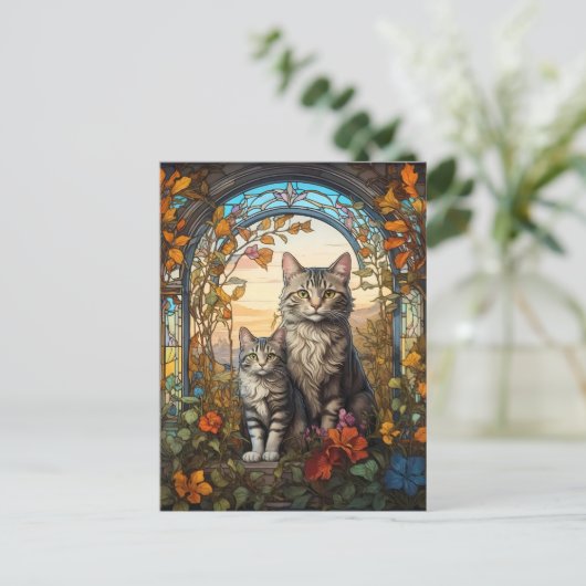 Kat moeder en kind briefkaart (Staand voorkant)