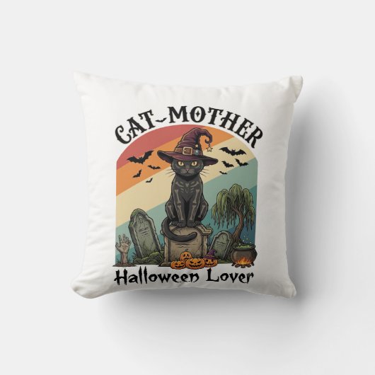 Kat Moeder Halloween Liefhebber Zwarte Heksenhoed Kussen (Voorkant)