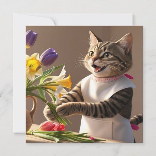 Kat Moeder is Bloemen aan het schikken Moederdag  Feestdagenkaart (Voorkant)