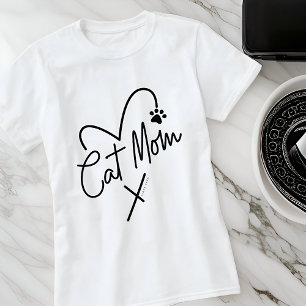 Kat Moeder Modern Speels Hart en Leuke Typografie T-shirt