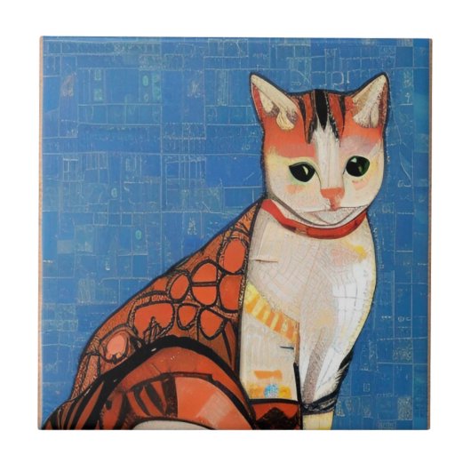 Kat moroccan mosaic abstract art ginger blue kat tegeltje (Voorkant)