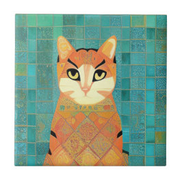 Kat moroccan mosaic ginger on turkooizen backgroun tegeltje