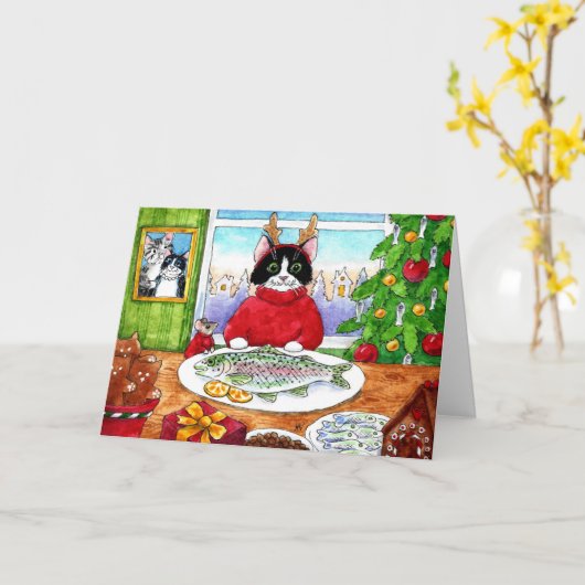 Kat, muis, kerstfeestkaartje voor vis kaart (Gele Bloem)