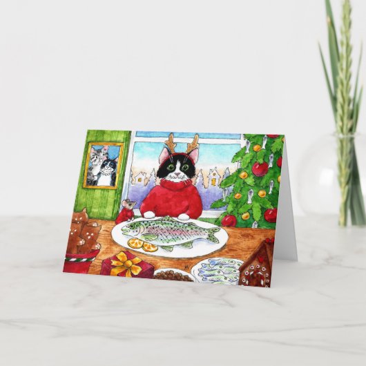 Kat, muis, kerstfeestkaartje voor vis kaart (Voorkant)