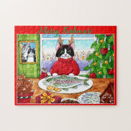 Kat, muis-kerstpuzzel legpuzzel (Horizontaal)