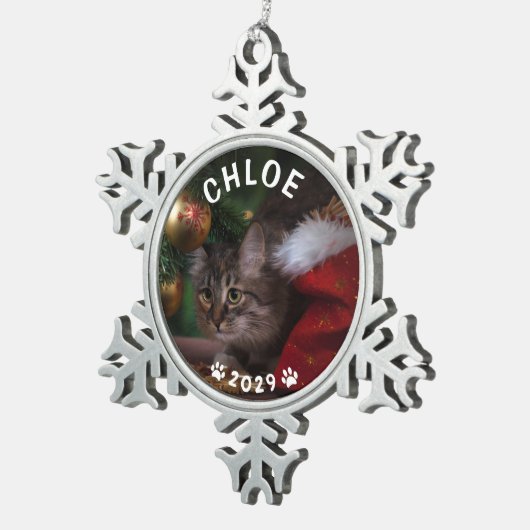Kat Naam Jaar Paw Printerpagina Vakantiedagen Foto Tin Sneeuwvlok Ornament (Rechts)
