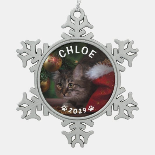 Kat Naam Jaar Paw Printerpagina Vakantiedagen Foto Tin Sneeuwvlok Ornament (Voorkant)