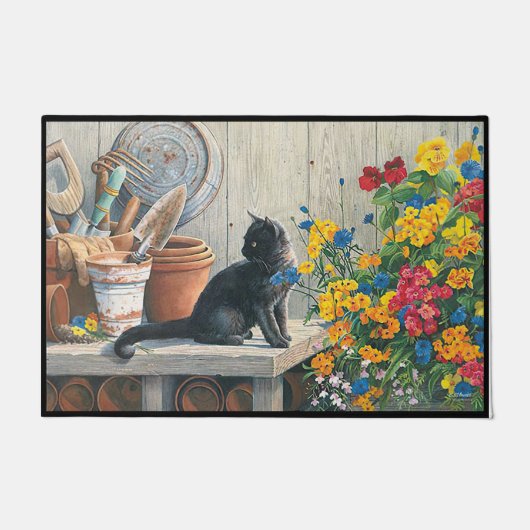 Kat naast boombloemen | Cute Black Cat  Deurmat (Voorkant)