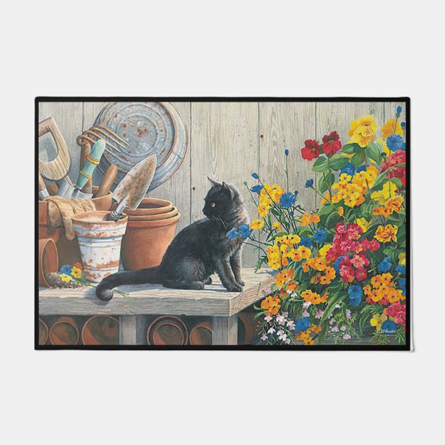 Kat naast boombloemen | Cute Black Cat  Deurmat (Voorkant)