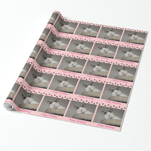 Kat Nap Birthday en Paw Prints Cadeaupapier (Uitgerold)