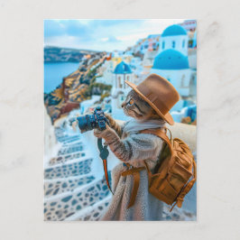 Kat neemt foto's in Santorini Feestdagenkaart