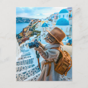Kat neemt foto's in Santorini Feestdagenkaart
