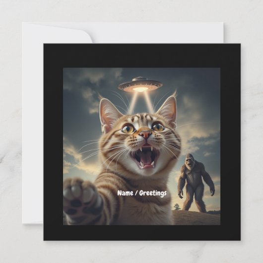 Kat neemt selfie met ufo en bigfoot grappig cadeau kaart (Voorkant)
