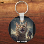Kat neemt selfie met ufo en bigfoot grappig cadeau sleutelhanger (Achterkant)