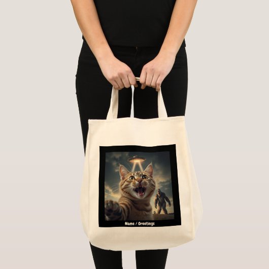 Kat neemt selfie met ufo en bigfoot grappig cadeau tote bag (Voorkant (product))
