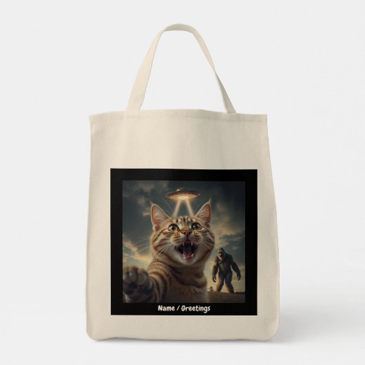Kat neemt selfie met ufo en bigfoot grappig cadeau tote bag (Achterkant)