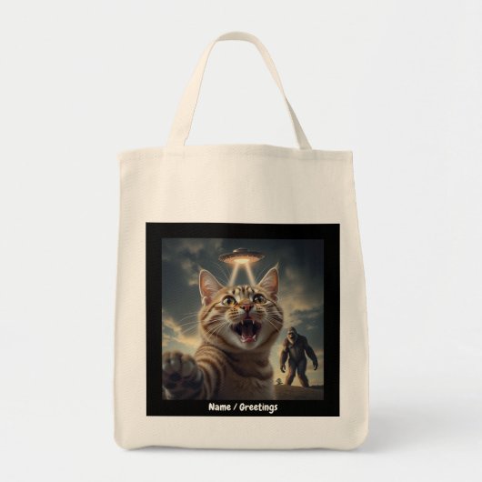 Kat neemt selfie met ufo en bigfoot grappig cadeau tote bag (Voorkant)