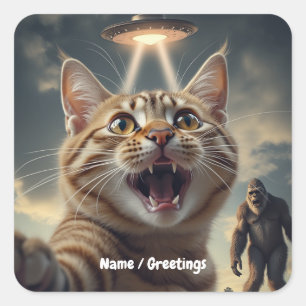 Kat neemt selfie met ufo en bigfoot grappig cadeau vierkante sticker