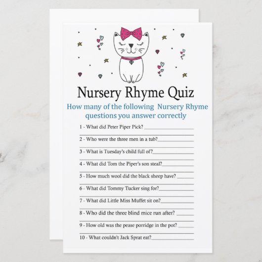 Kat- of Kitten Nursery Rhyme Quiz-baby shower (Voorkant / Achterkant)