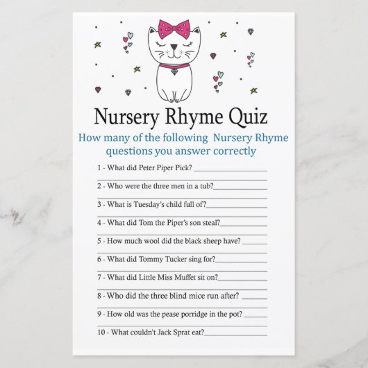 Kat- of Kitten Nursery Rhyme Quiz-baby shower (Voorkant)