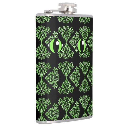 Kat Ogen Groen Damast Vinyl Verpakte Flask Heupfles (Rechts)