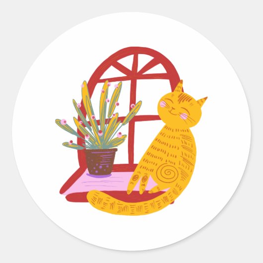Kat oh zo blij, schattig en knuffelig, ronde sticker (Voorkant)