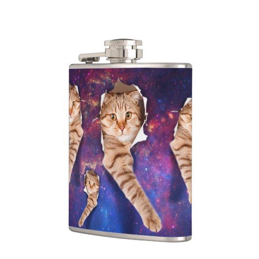 Kat omhoog kijkend in een gat in de ruimte heupfles (Links)