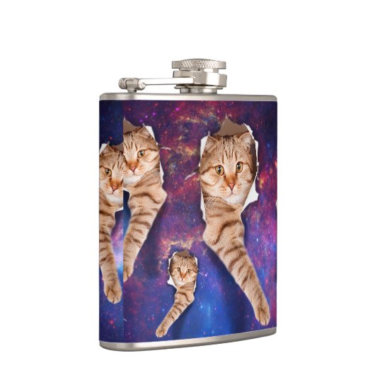 Kat omhoog kijkend in een gat in de ruimte heupfles (Rechts)