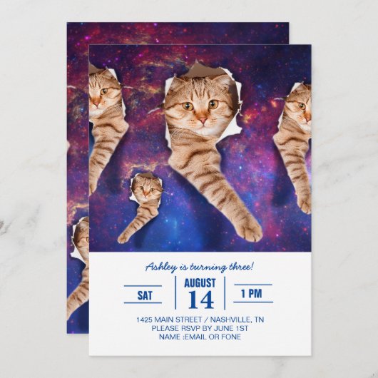 Kat omhoog kijkend in ruimte zijafgebroken gat kaart (Voorkant / Achterkant)