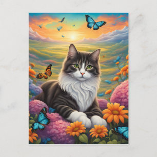 Kat omringd door bloemen en vlinders briefkaart