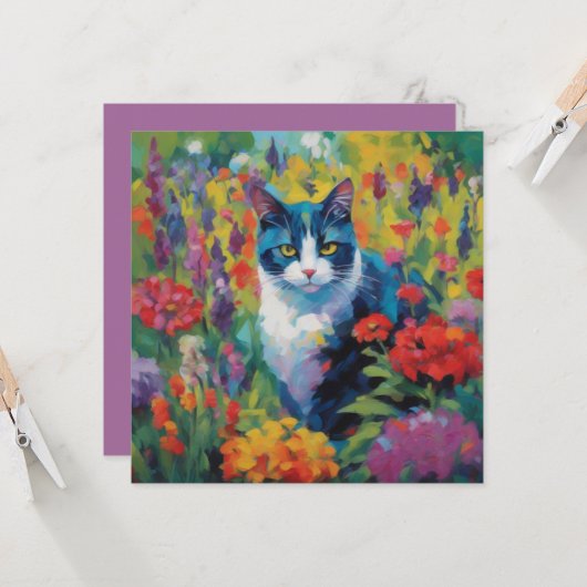 Kat onder Bloemen Groeten Kaart (Voorkant / Achterkant in situ)