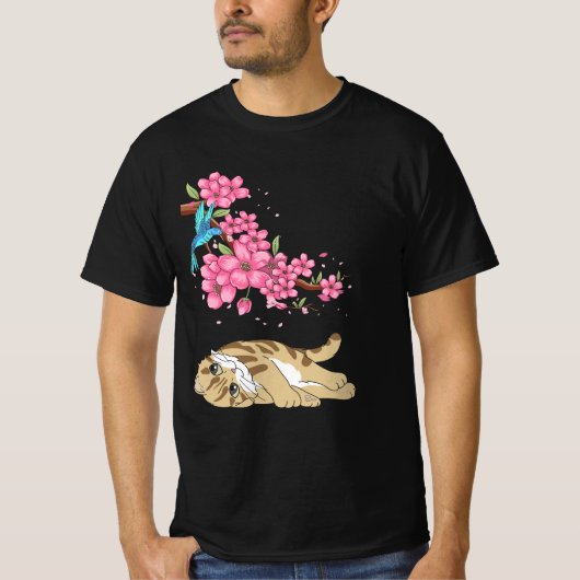 Kat onder Cherry Blossom Cute Japanse Kawaii Cat T-shirt (Voorkant)