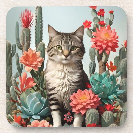 Kat onder de cactussen | Kattenliefhebbers Bier Onderzetter (Voorkant)