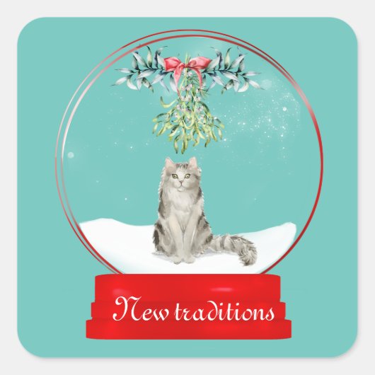 Kat onder het Wereldbol Mistletoe Snow Vierkante Sticker (Voorkant)