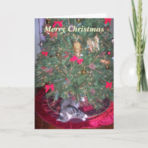 Kat onderaan de Kerstkaart van de Boom Feestdagen Kaart