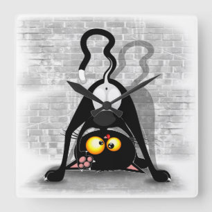 Kat ondersteboven grappige tekenfilm vierkante klok